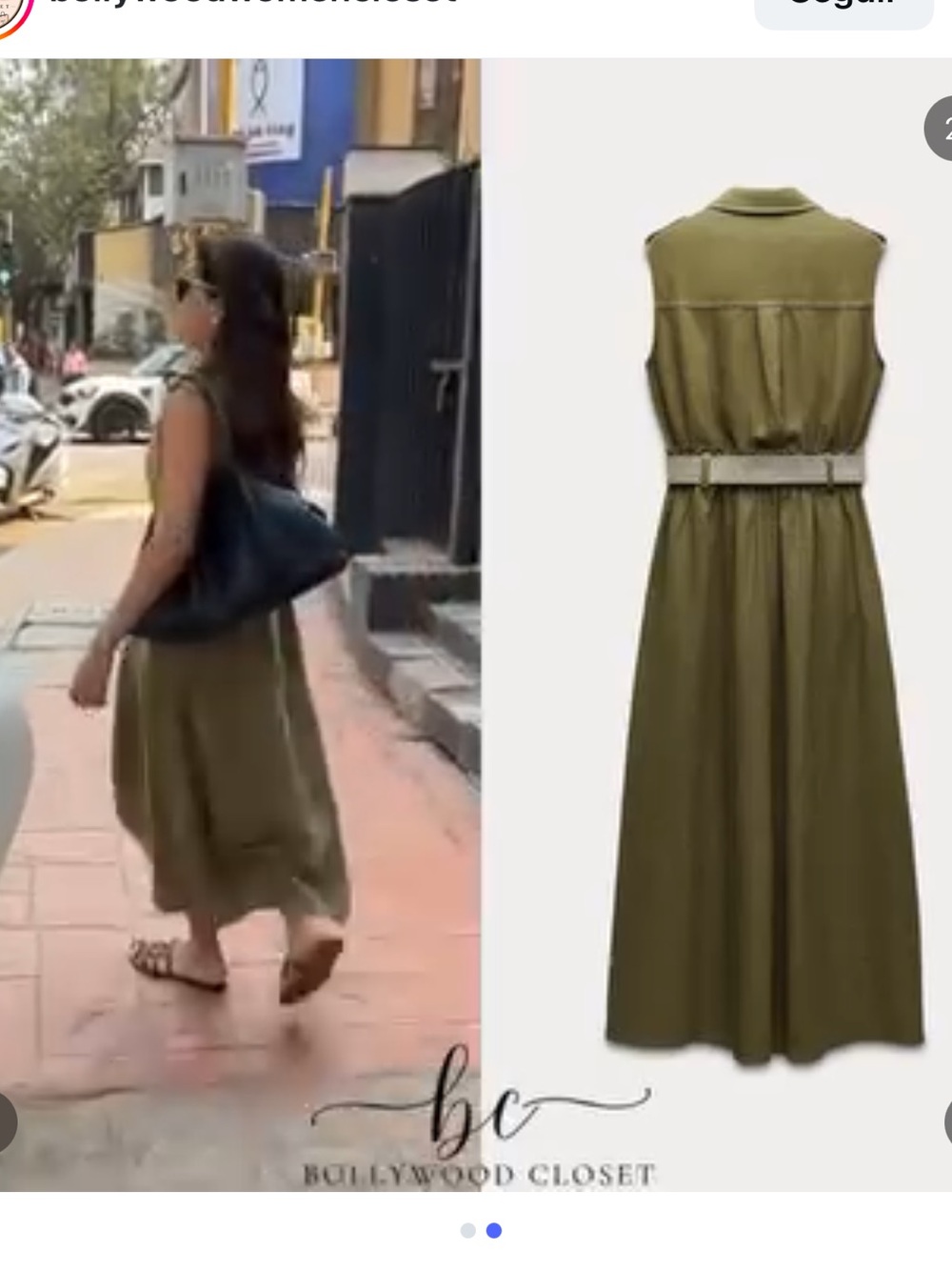 Zara Olive Green Sleeveless Shirt Midi Dress with Braided Belt - Picture 2 of 4
